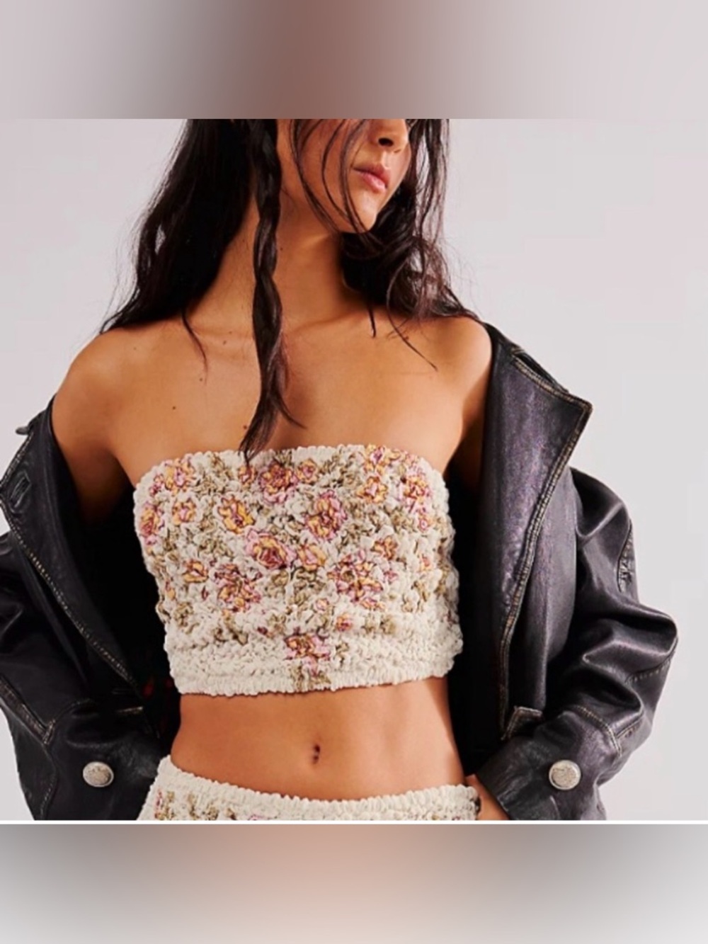 Free People Cream Crochet Floral Strapless Crop Top